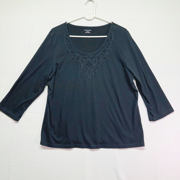 St. John's Bay Tops - St. John's Bay Black 3/4 Sleeves Scoop Neck Lace Applique Cotton Top Womens XL